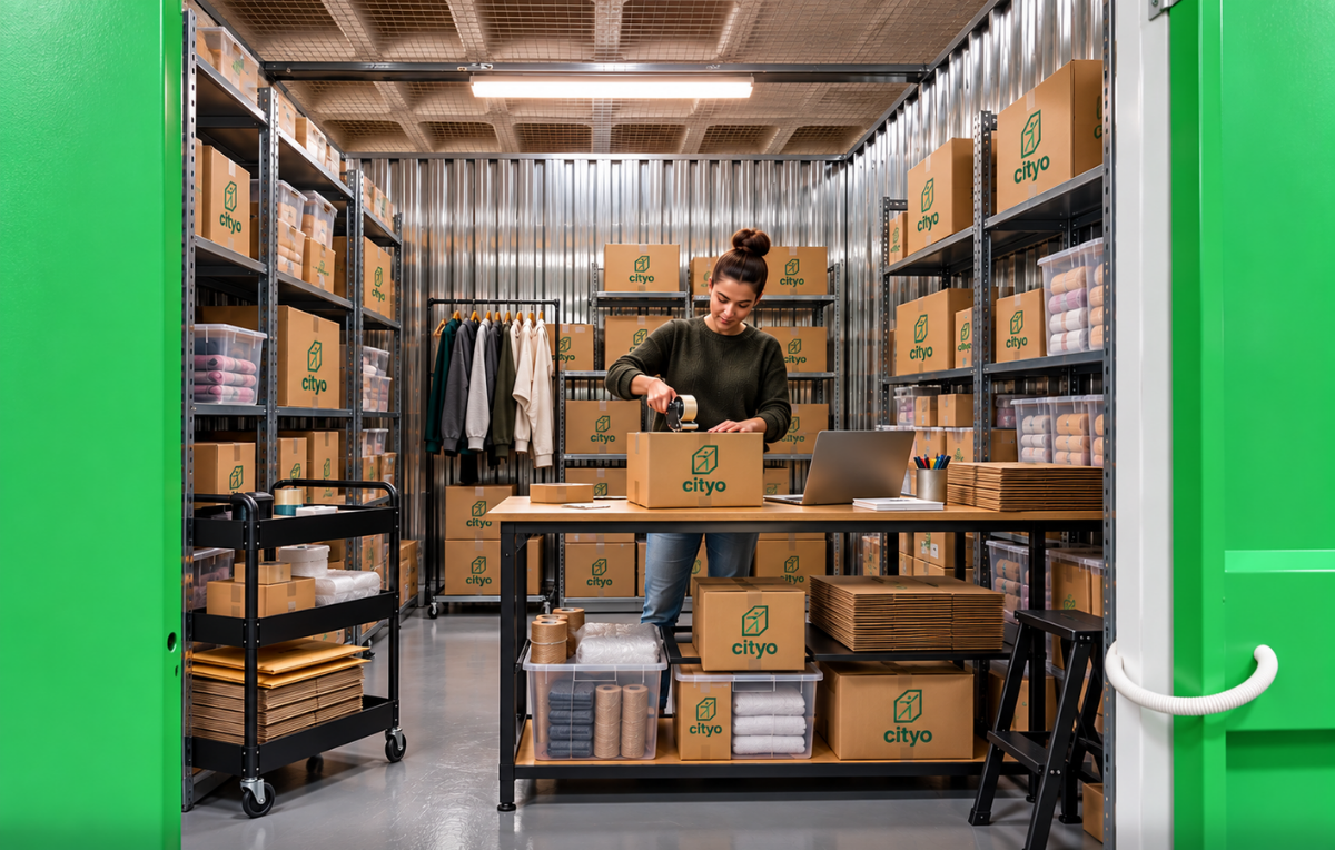 Almacén Cityo para empresas en Madrid con stock, cajas y mercancía organizada en estanterías.